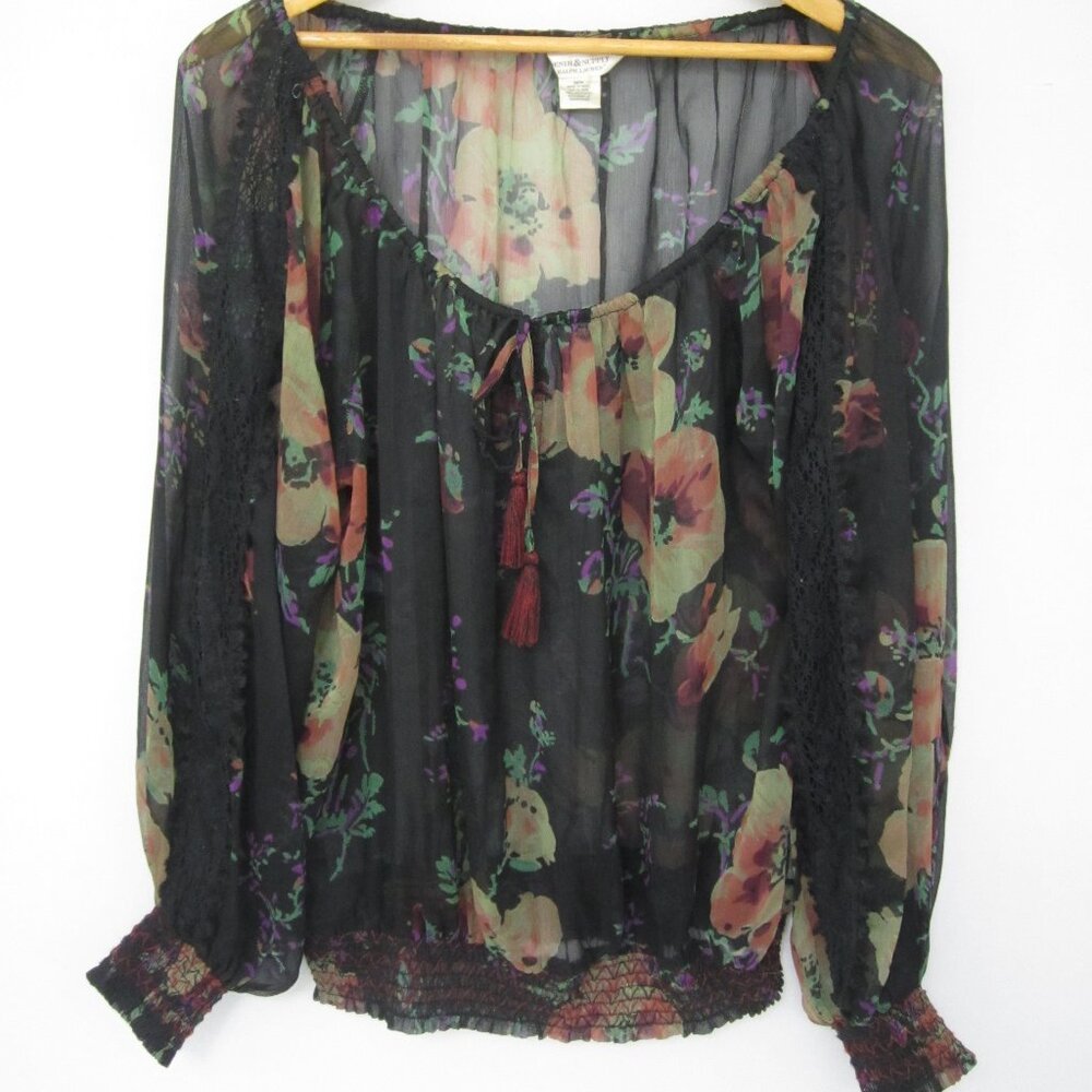 Ralph Lauren Denim Supply Womens M Black Floral LS Peasant Shirt Smocking Sheer